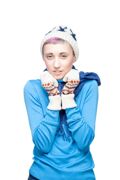 Young freezing girl on white background — Stock Photo, Image
