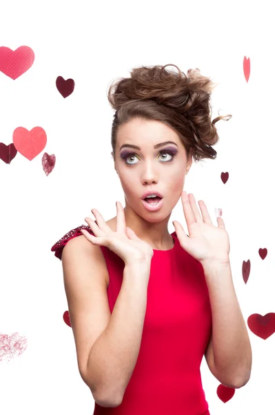 Cheerful young woman in red dress — Stock Photo, Image