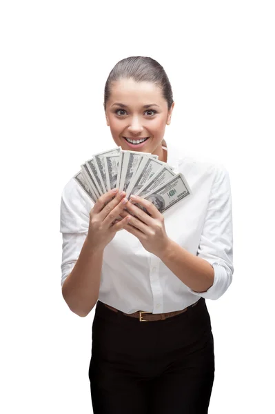 Sorrindo jovem empresária segurando dinheiro — Fotografia de Stock