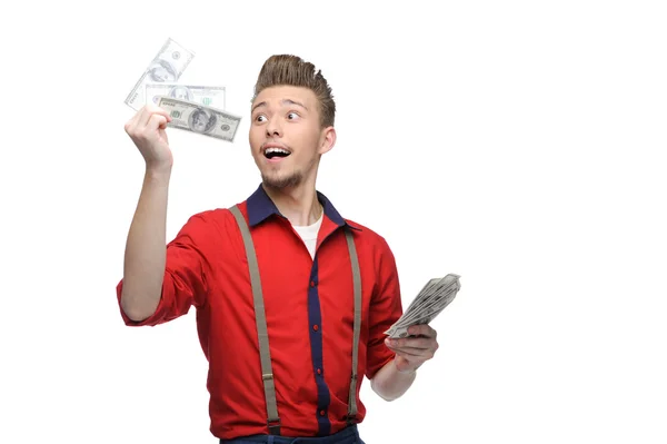 Cheerful retro man holding money — Stock Photo, Image