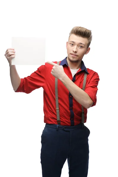 Cheerful retro man holding sign — Stock Photo, Image