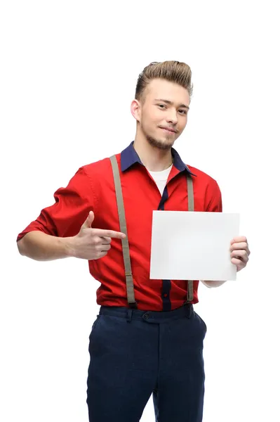 Cheerful retro man holding sign — Stock Photo, Image