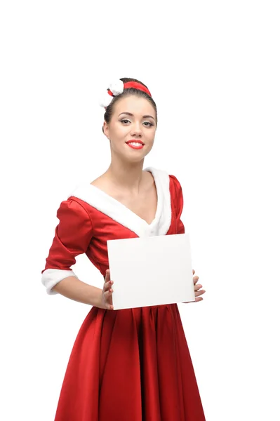 Cheerful retro girl holding sign — Stock Photo, Image