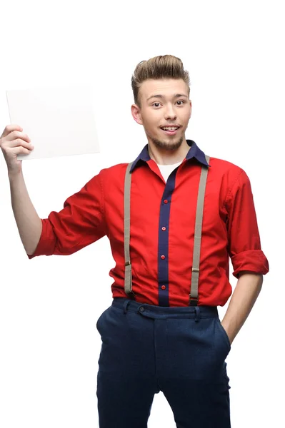 Cheerful retro man holding sign — Stock Photo, Image