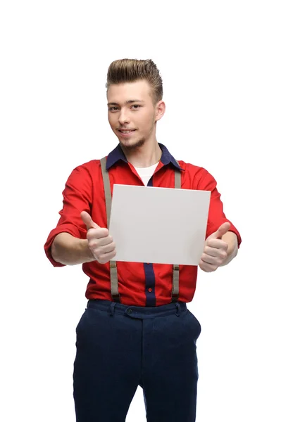 Cheerful retro man holding sign — Stock Photo, Image