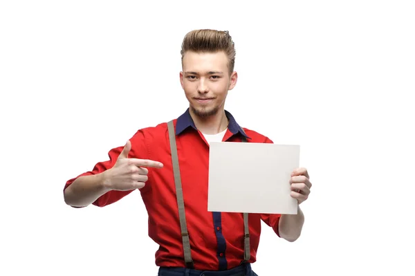 Fröhlicher Retro-Mann mit Schild — Stockfoto