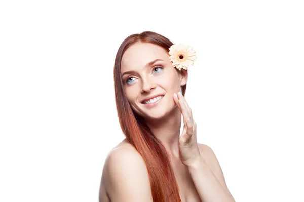 Beautiful red haired girl touching skin — Stock Photo, Image