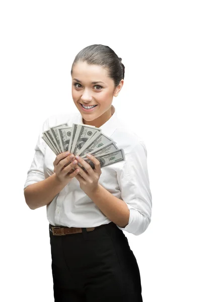 Задумчивая деловая женщина с деньгами — стоковое фото