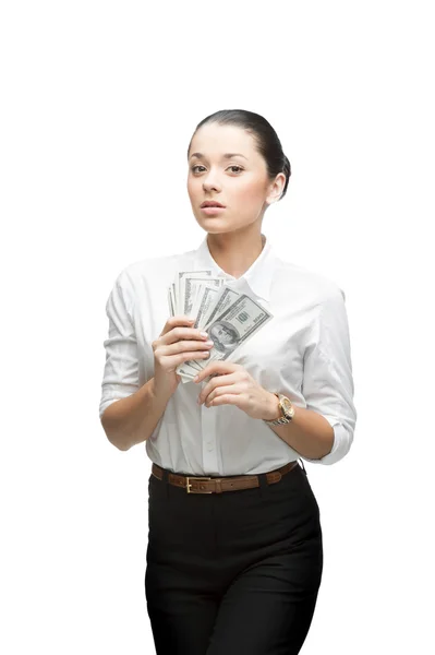Thoughtful businesswoman holding money — Stock Photo, Image
