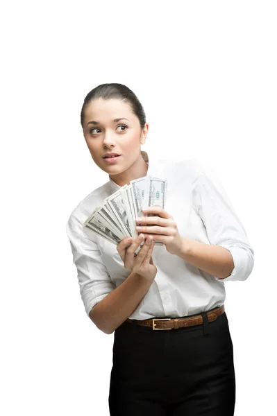 Empresária atenciosa segurando dinheiro — Fotografia de Stock