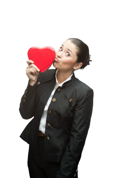 Young business woman holding red heart — Stock Photo, Image