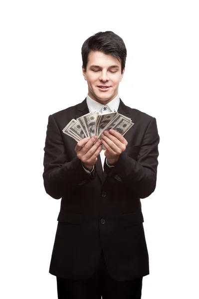 Divertido hombre de negocios sosteniendo dinero —  Fotos de Stock