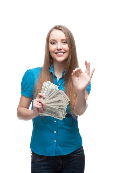Businesswoman holding money — Stock Photo, Image