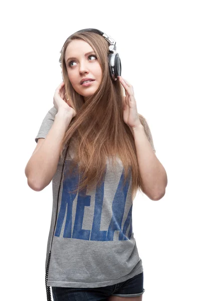 Casual muziek meisje op wit — Stockfoto