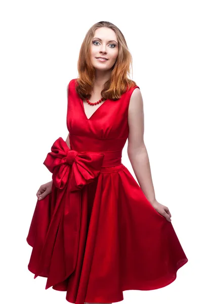 Femme gaie en robe rouge — Photo