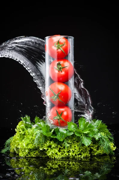Pomodori e verde in acqua — Foto Stock