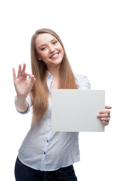 Businesswoman holding sign — Stock Photo, Image