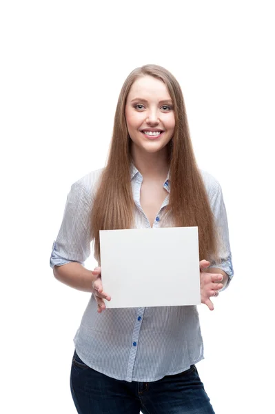 Zakenvrouw bedrijf teken — Stockfoto