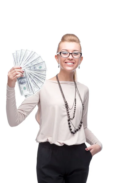 Geschäftsfrau im Besitz von Geld — Stockfoto