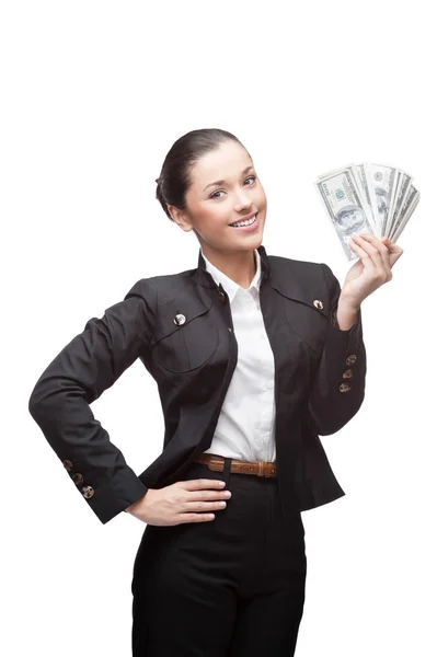 Young cheerful businesswoman holding money — Stock Photo, Image