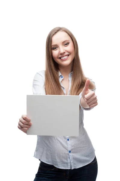 Businesswoman holding sign — Stock Photo, Image