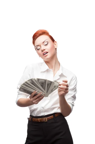 Admiring business woman counting money — Stock Photo, Image