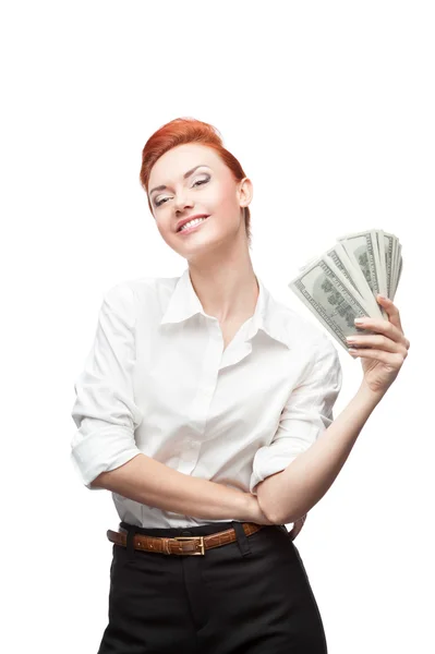 Admiring business woman holding money — Stock Photo, Image