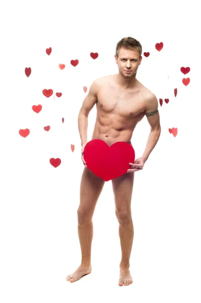 Funny naked man holding big red paper heart — Stock Photo, Image