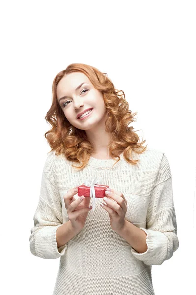 Happy woman holding gift — Stock Photo, Image