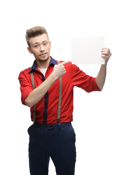 Cheerful retro man holding sign — Stock Photo, Image