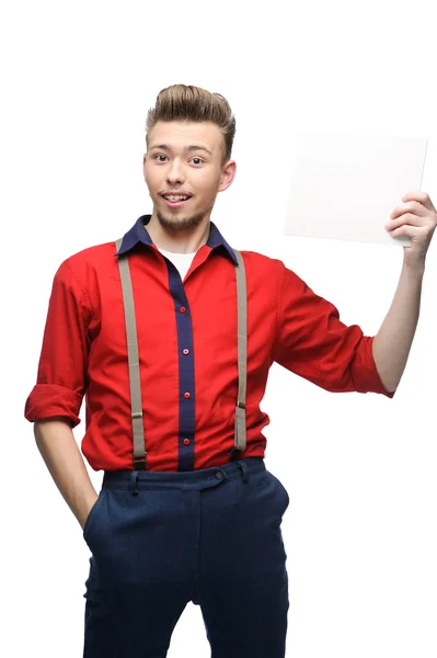 Cheerful retro man holding sign — Stock Photo, Image