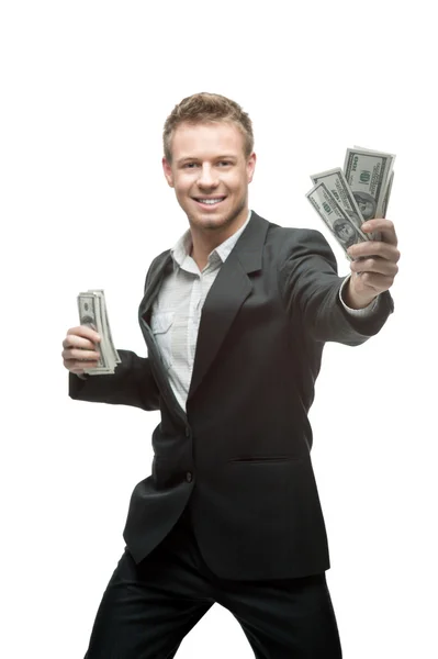 Happy businessman holding money — Stock Photo, Image