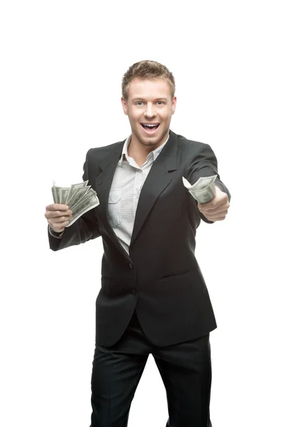 Feliz hombre de negocios sosteniendo dinero —  Fotos de Stock