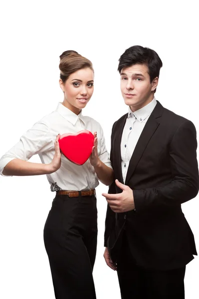 Young happy business people holding red Valentine — Stock Photo, Image
