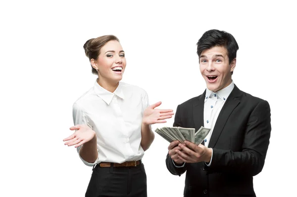 Jovens empresários felizes segurando dinheiro — Fotografia de Stock