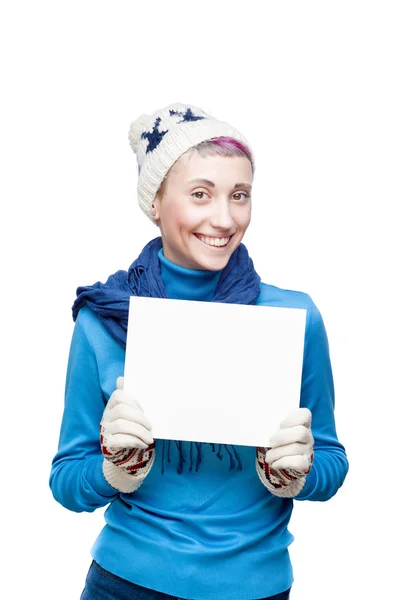 Jovem alegre mulher segurando sinal no fundo branco — Fotografia de Stock