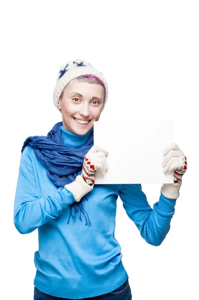 Young cheerful woman holding sign on white background — Stock Photo, Image