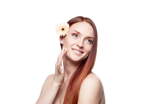 Beautiful red haired woman touching skin — Stock Photo, Image
