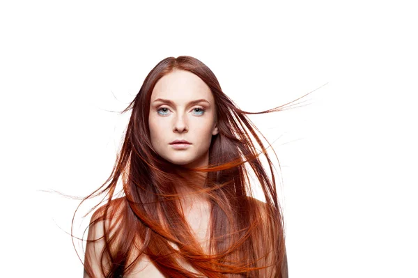 Red woman with blowing hair — Stock Photo, Image