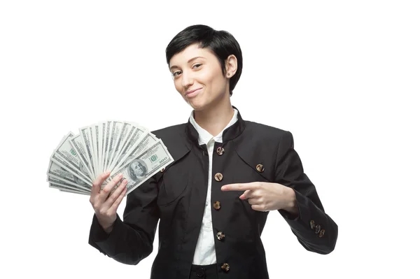 Iş kadını holding para — Stok fotoğraf