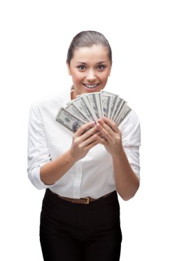 genç iş kadını holding para gülümseyen
