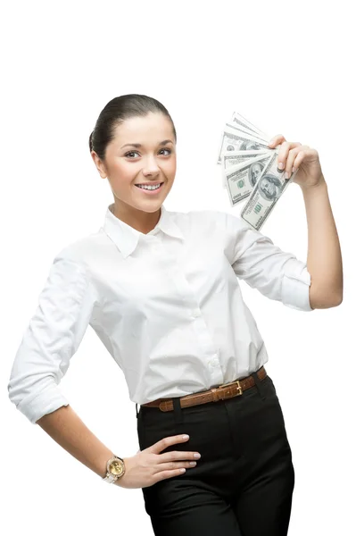 Jonge vrolijke zakenvrouw bedrijf geld — Stockfoto