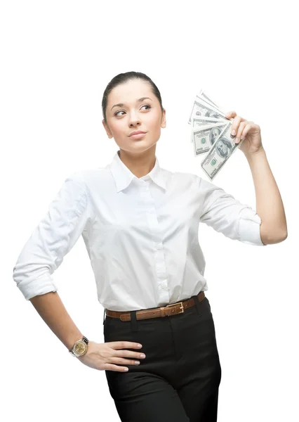 Thoughtful businesswoman holding money — Stock Photo, Image