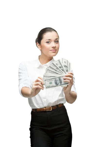 Joven mujer de negocios alegre sosteniendo dinero — Foto de Stock