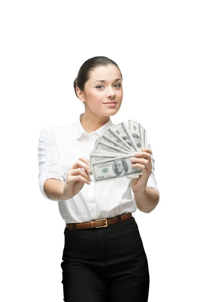 Young cheerful businesswoman holding money — Stock Photo, Image