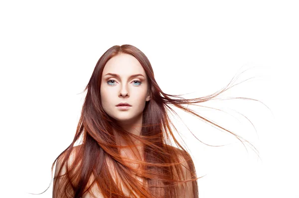 Red woman with blowing hair — Stock Photo, Image