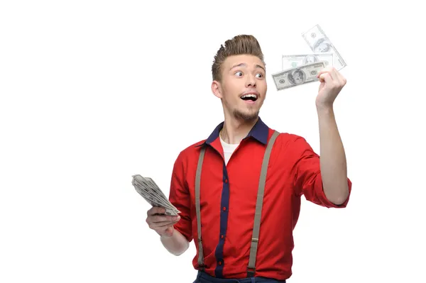 Cheerful retro man holding money — Stock Photo, Image
