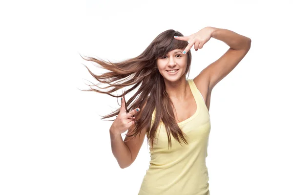 Menina casual com cabelo soprando — Fotografia de Stock