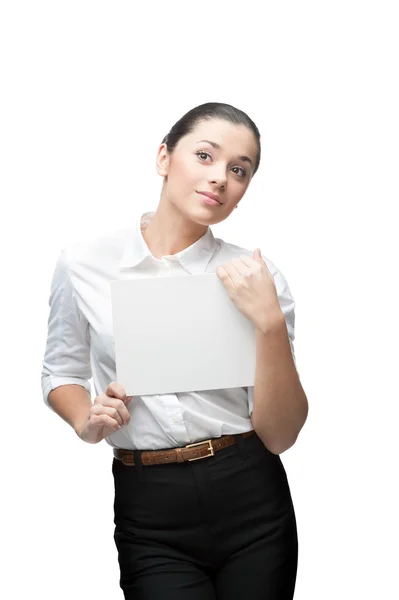 Young cheerful businesswoman holding sign — Stock Photo, Image