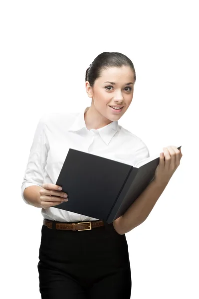 Businesswoman holding book — Stock Photo, Image